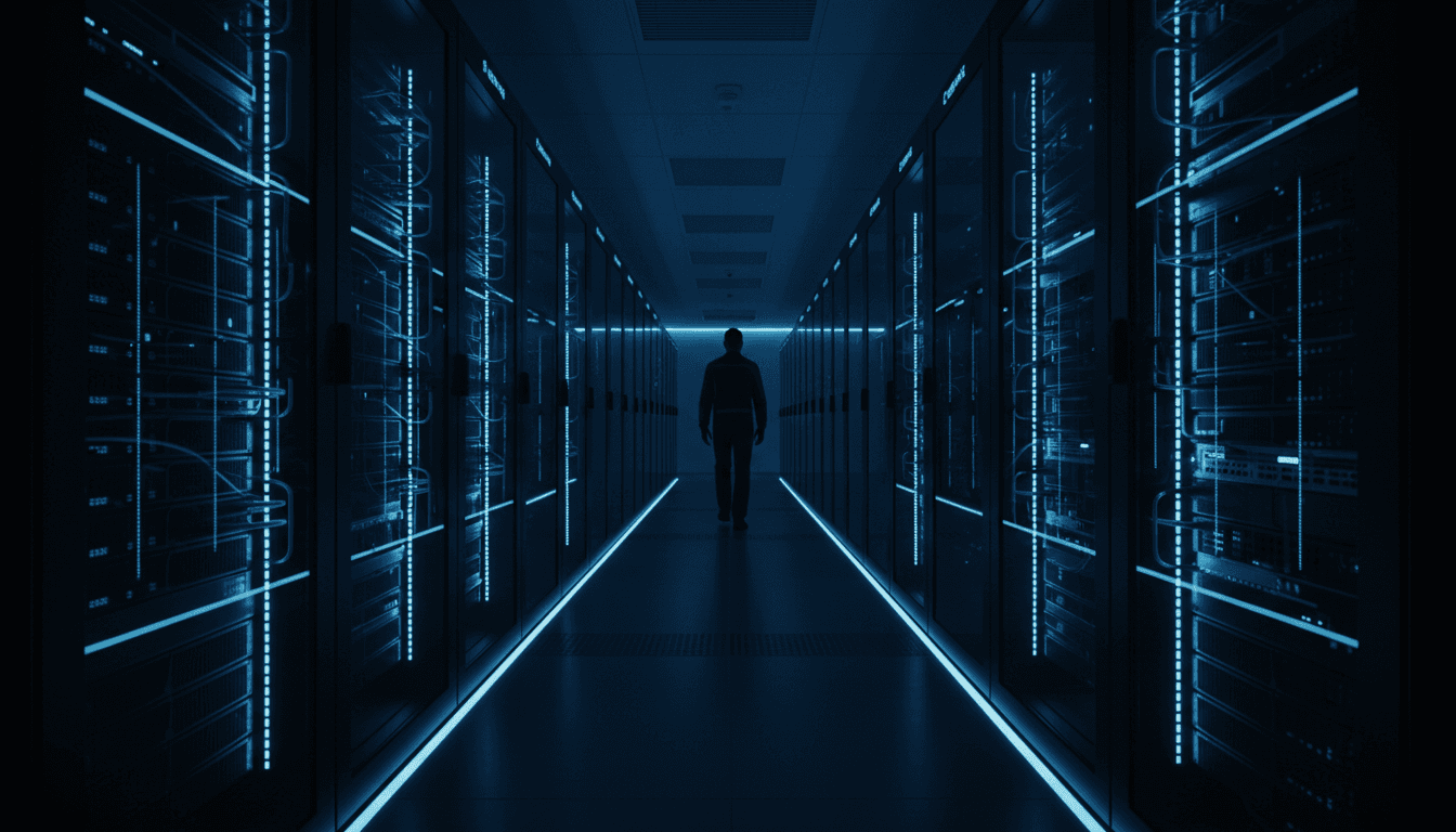IT technician walking through a dimly lit server room corridor