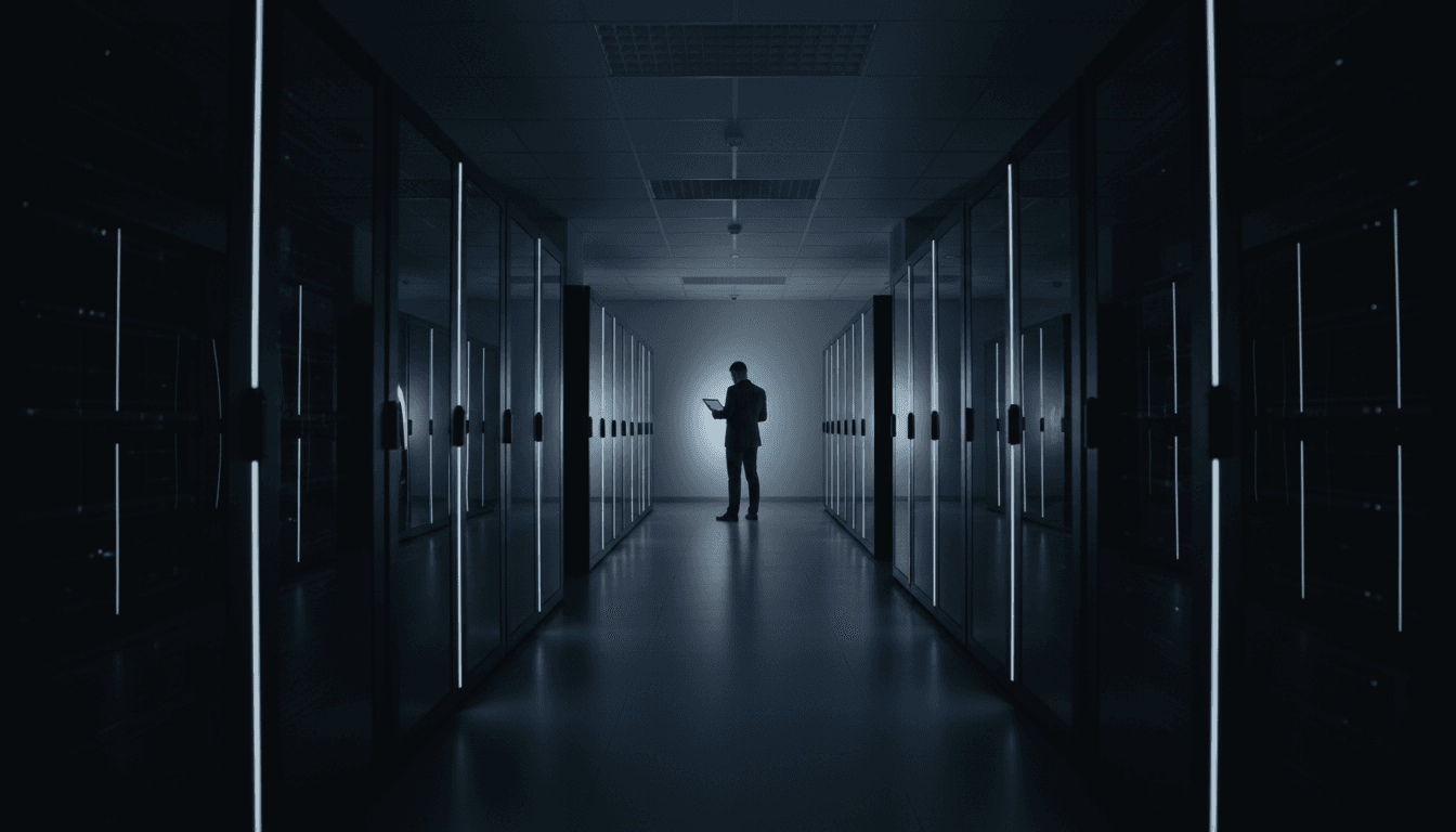 IT professional reviewing a tablet in a modern enterprise server room