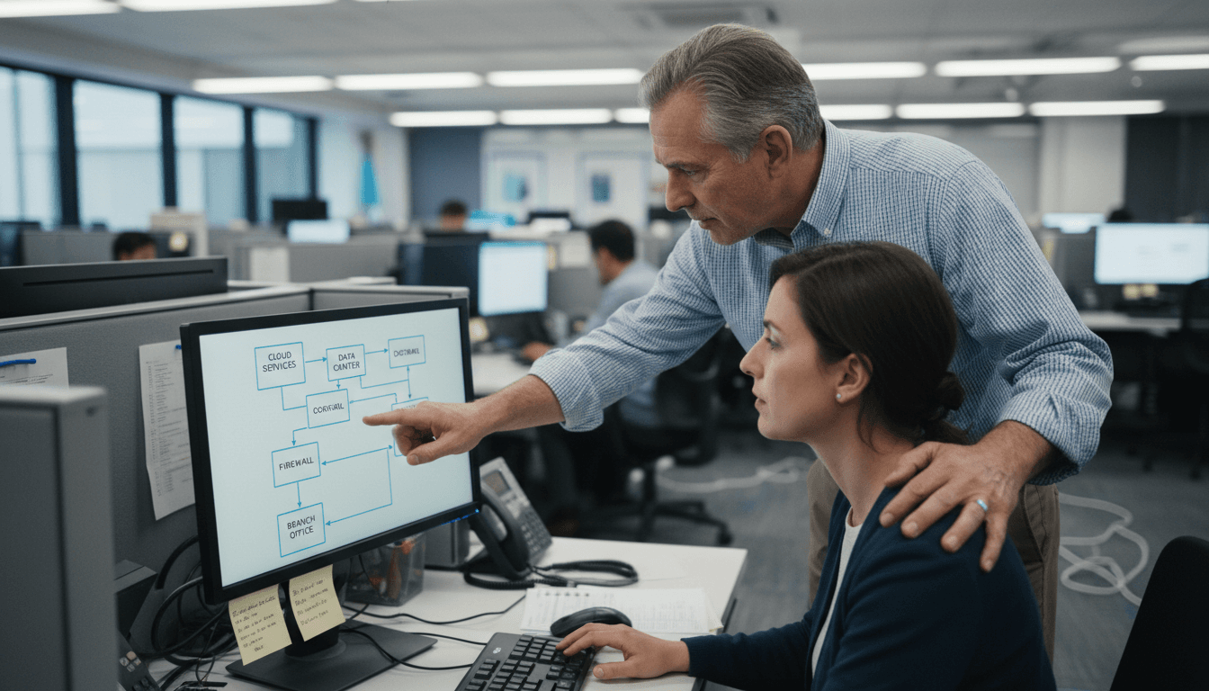 IT advisor reviewing a network architecture diagram on a monitor