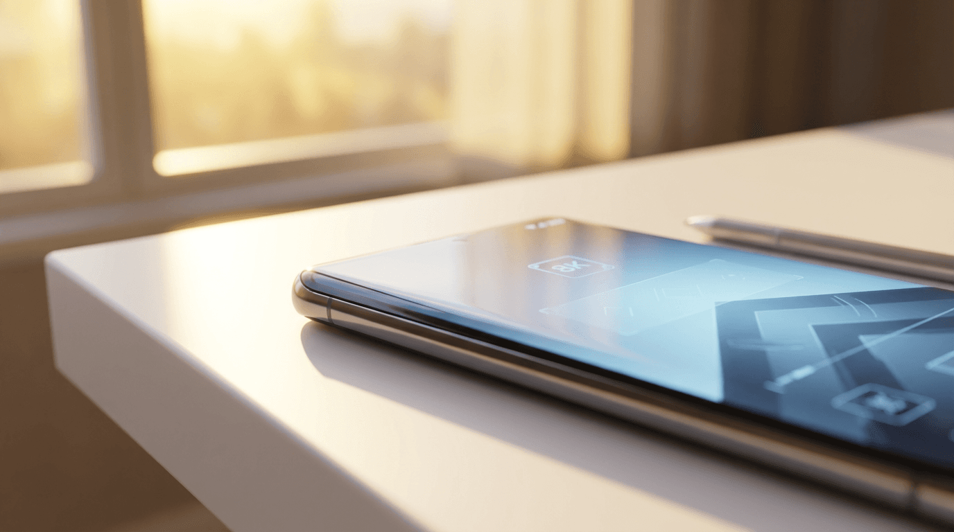Minimalist editorial style, a close-up of hands holding a smartphone showing a simple email interface, set on a dark wooden desk with soft ambient light and a blurred modern office background. The screen is angled toward the camera, the composition is centered with the device as the primary focus. Deep shadows and muted contrast create a calm, focused atmosphere. Dark charcoal and steel blue tones dominate the scene.