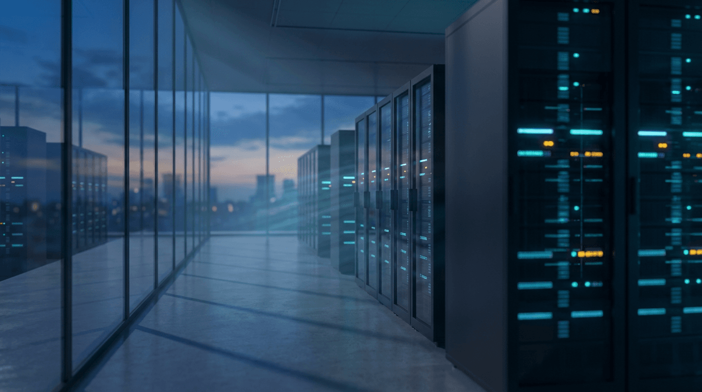 IT consultant reviewing server infrastructure in a dark, quiet data center