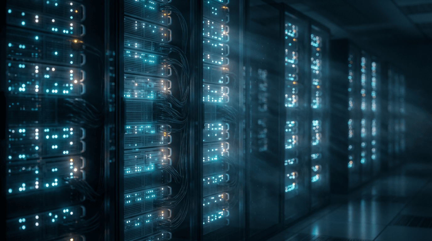 Enterprise server room with rows of racks and a professional reviewing a tablet