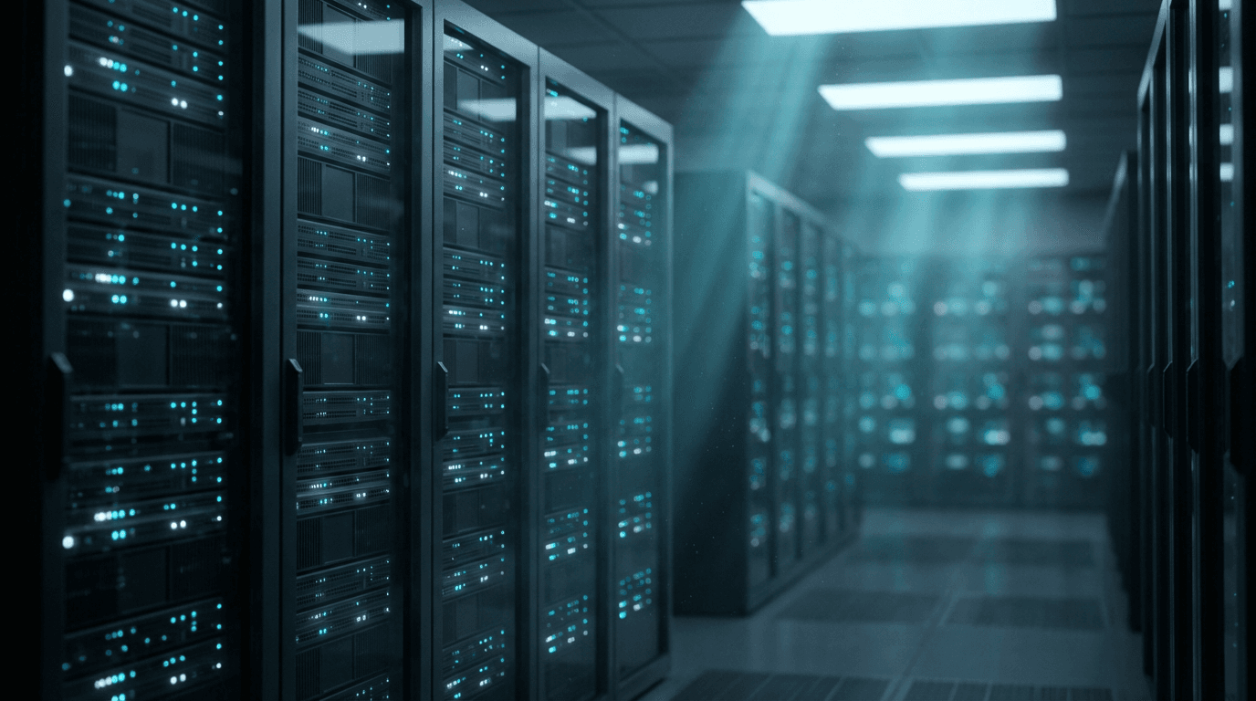 Server room corridor with rows of racks and blinking lights